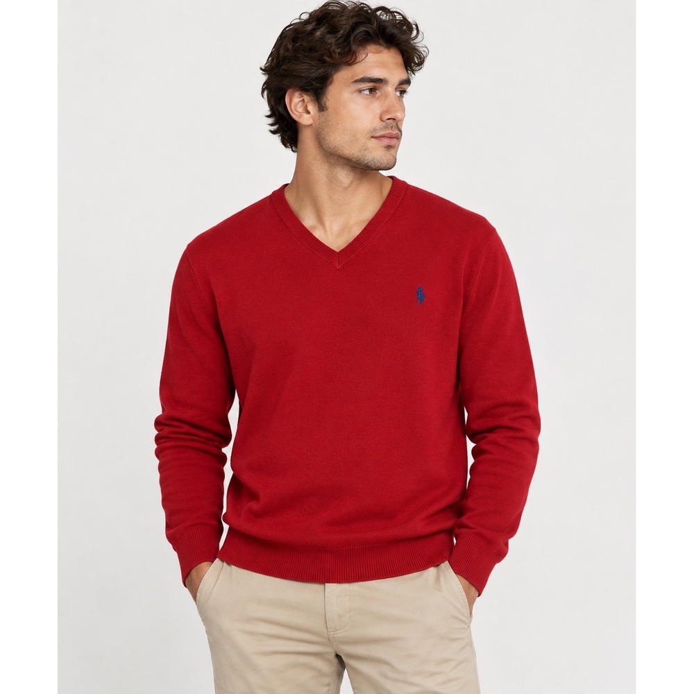 Polo Ralph Lauren V-Neck Sweater Pima Cotton Classic Preppy Red Medium M Red